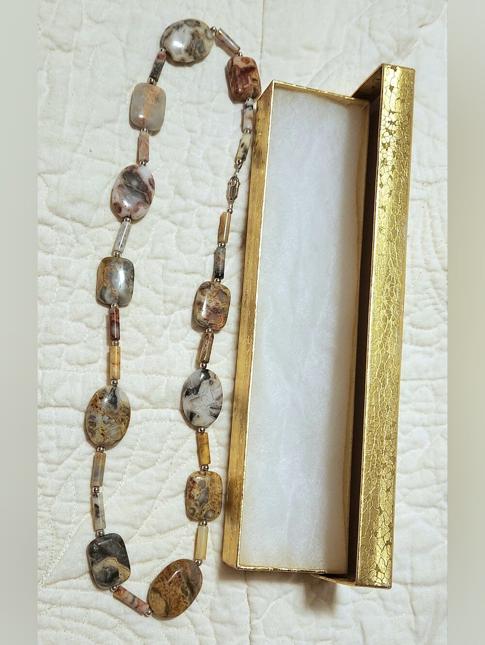 Natural 22" Jasper Lace Agate Necklace EarthTones 925 Silver Clasp 20-25mm Stone